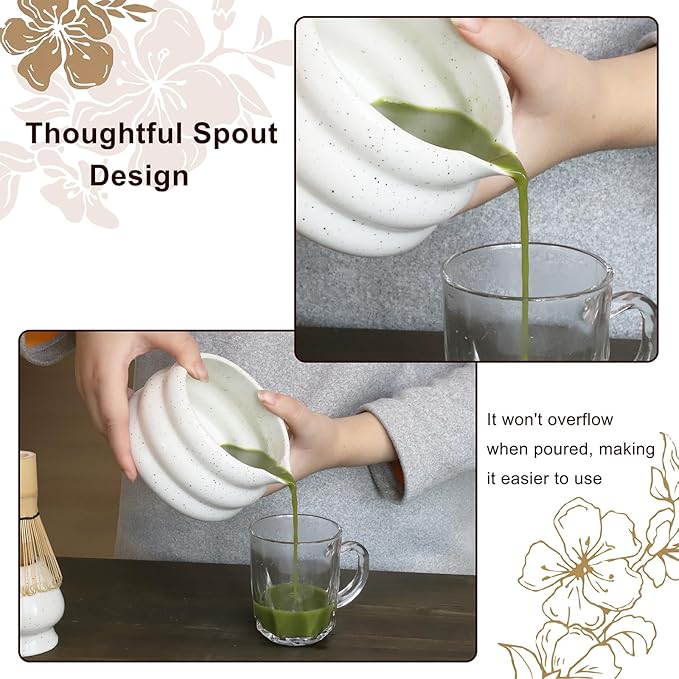 Mottled White Matcha Whisk Set, Ceramic Matcha Kit Set Gift Present Includes Matcha Bowl, Matcha Whisk and Holder, Bamboo Scoop, Scoop Rest, Sifter and Tea Towel - 7 Pcs Kit for Matcha Lovers