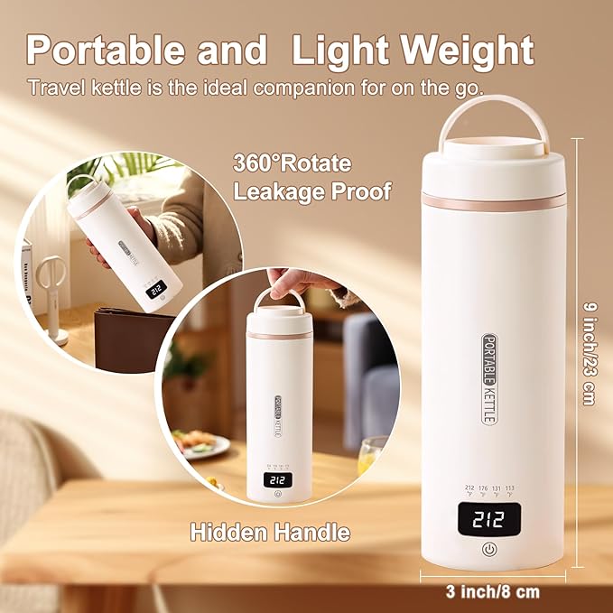 Travel Kettle, Portable Electric Kettle with 4 Temperature Controls, 304 Stainless Steel with Auto Shut-off & Leak Proof, Beige (120V)