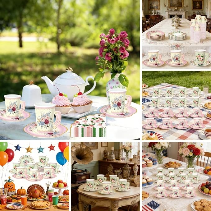 32 Set Floral Paper Tea Cups (7 oz) with Handle & 5.5" Saucers Set, 64pcs Disposable Tea Cup Saucers for Cold & Hot Drinks Serves 32 for Tea Party Wedding Baby Shower Party Supplies