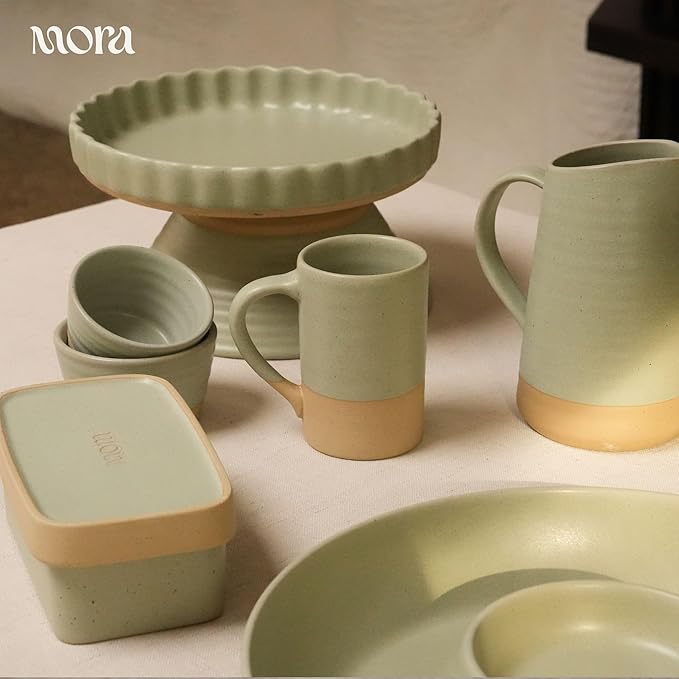MORA Ceramics Tea Cup with Loose Leaf Infuser, Spoon and Lid, 12 oz, Microwave and Dishwasher Safe Coffee Mug - Rustic Matte Ceramic Glaze, Modern Herbal Tea Strainer - Great Gift for Women, Thyme