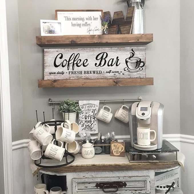 Rustic Wood Grain Coffee Station Decor - Retro Coffee Bar Signs for Kitchen - Self Serve Fresh Brewed Open Daily, Large Farmhouse Wall Hanging Plaque 12"x36"