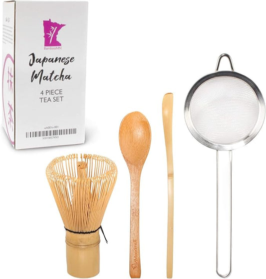 BambooMN Japanese Matcha Tea Set - Chasen + Strainer + Spoon + Scoop - 2 Sets