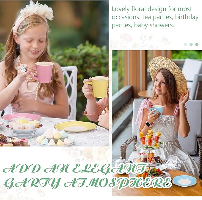 Umigy 60 Sets Pastel Tea Party Decorations Pastel Paper Tea Cups with Handle and Plates Disposable Teacups Saucers Sets with Tape for Hot Cold Drink Birthday (Blue Pink, 6.5 Oz)