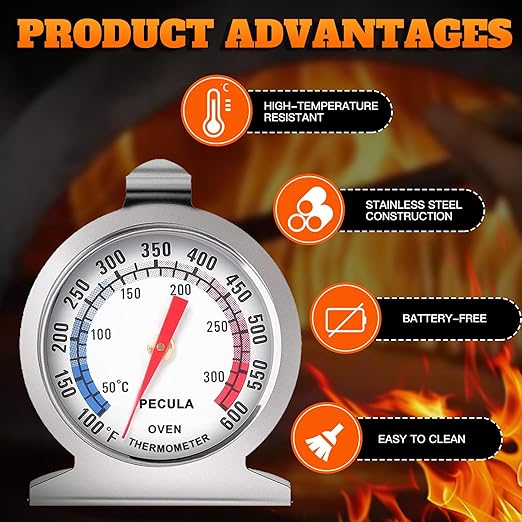 Stainless Steel Oven Thermometer 50-300°C/100-600°F, Analog Instant Read, Battery-Free Kitchen Cooking Thermometer, Hook & Stand Design Food Thermometer for Oven, Grill, Smoker, Fryer