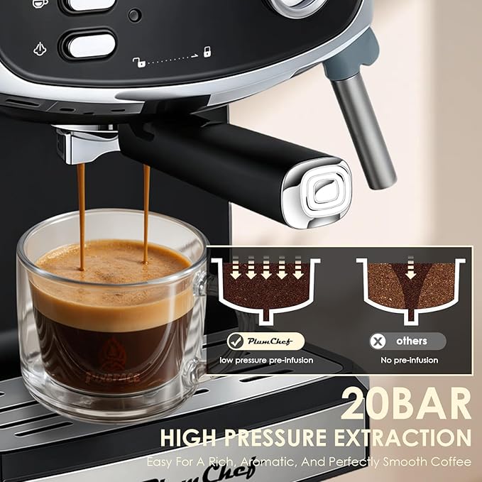 20 Bar Espresso Coffee Maker for Home - Professional Compact Coffee Maker witn Steam Wand Milk Frother, Pressure Gauge, 54oz Tank - Low Noise Fast Brew for Cappuccino, Latte,black