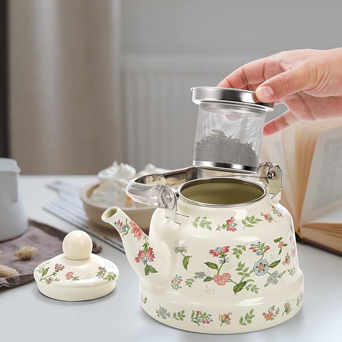 Jucoan 1.8 Quart Vintage Enamel Stovetop Tea Kettle, Retro Green Floral Enamel on Steel Teapot with Removable Infuser for Camping, Gift for Wedding Housewarming Easter