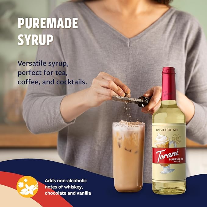 Torani Puremade Syrup, Irish Cream Flavoring for Drinks, Glass Bottle with Pump Included, 25.4 Fl Oz