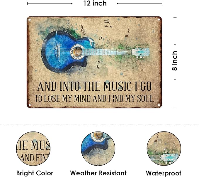 Sanwarm Metal Sign 8X12 Inch, Colorful Blue Guitar Vintage Tin Sign Wall Art Decor for Home, Living Room, Kitchen, Garden, Bedroom, Office, Hotel, Cafe And Pub Decoration - Image 2