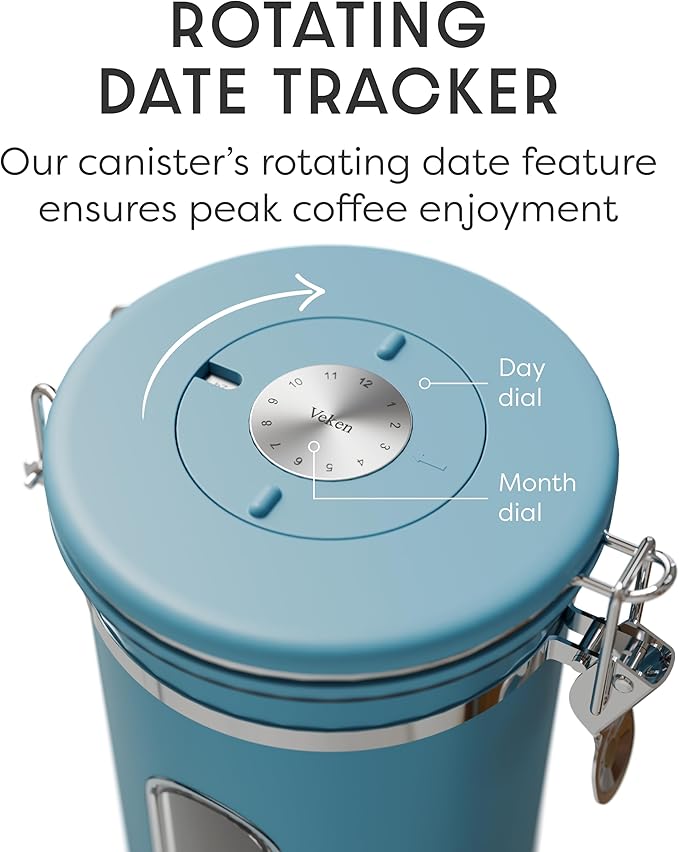 Veken Coffee Canister with Window, Easter Gifts Airtight Stainless Steel Container with Lids, Home Kitchen Food Storage Jars for Grounds, Beans, Tea, Flour, Cereal, Sugar, Basket, Scoop, 22OZ, Blue