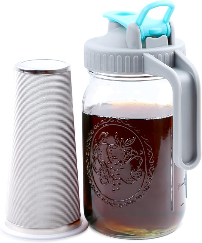 GMSWEET Mason Jar Cold Brew Coffee Maker 32 OZ Wide Mouth Cold Brew Pitcher With Brewer Filter For Coffee, Iced Tea, Sun Tea, Lemonade