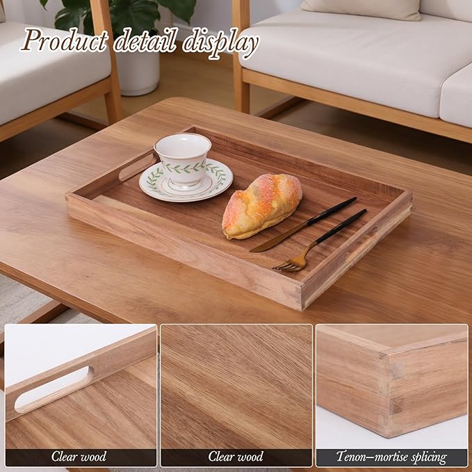 Wooden Serving Tray with Handles (17 Inches) – Decorative Serving Trays Platter for Breakfast in Bed, Lunch, Dinner,Ottoman, Appetizers, Patio, BBQ,Coffee Table, Party (Acacia)