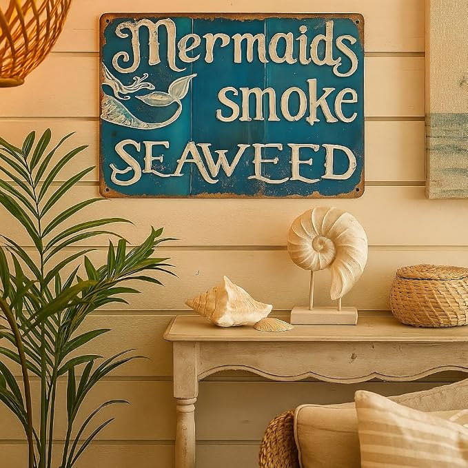 Mermaid Graman Home Metal Tin Sign Smoke Seaweed Wall Decor For Bathroom Club Room Garage Decoration 8x12 Inch 12x8 Inch Tinplate - Image 5