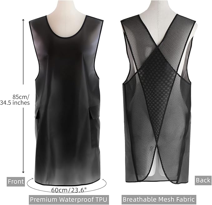 Waterproof Cross Back Apron, Shortened Design Waterproof Apron, Japanese Style Aprons with Pockets, X Cross Halter Apron, Cooking Aprons for Dishwashing, Cleaning Work with Water - Black Translucent - Image 3