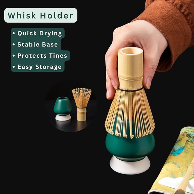 7PCS Ceramic Matcha Set – Traditional Japanese Tea Kit for Matcha Preparation with Pouring Bowl, Bamboo Whisk & Stand, Scoop with Rest, Sifter and Tea Cloth – Ideal for Matcha Lover