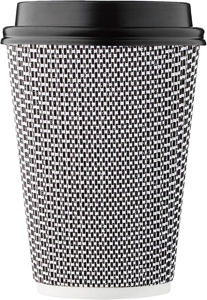 [100 SET]Harvest Pack 12 oz Disposable Coffee Cups, Insulated Ripple Double-Walled Paper Cup with Lids, Black and White Geometric, Tea Hot Chocolate Drinks To go coffee cups