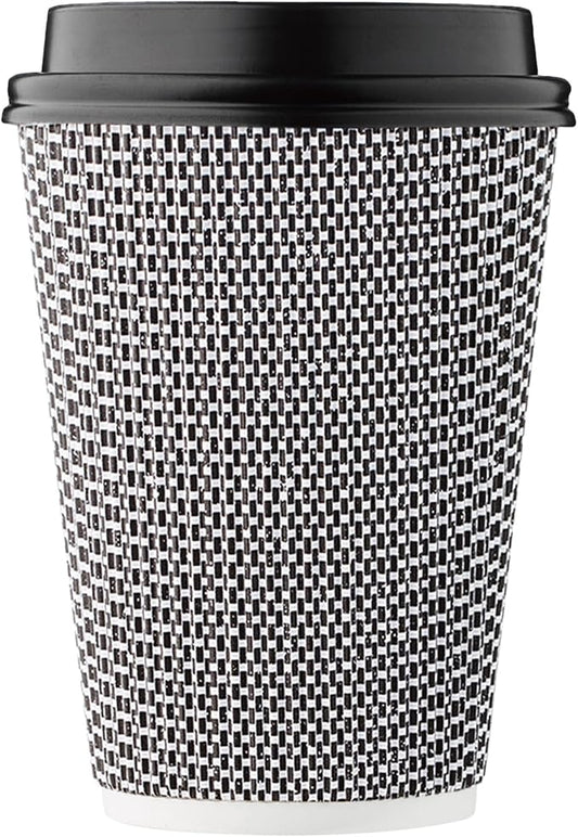[100 SET]Harvest Pack 12 oz Disposable Coffee Cups, Insulated Ripple Double-Walled Paper Cup with Lids, Black and White Geometric, Tea Hot Chocolate Drinks To go coffee cups