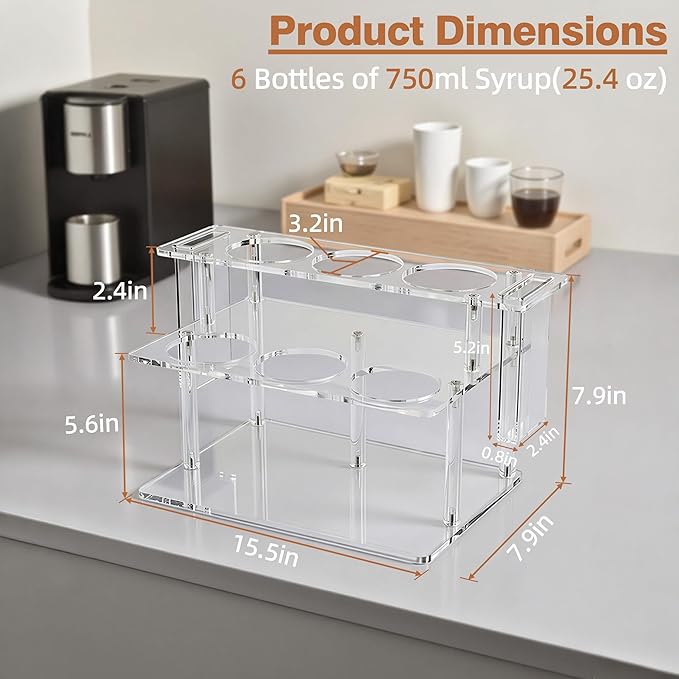 Coffee Syrup Organizer with Straw Holders, 2-Tier Acrylic Syrup Rack (6 Bottles), Anti-Slip Coffee Bar Storage with Side Straw Boxes for Syrups, Wine, Dressings on Kitchen Countertop