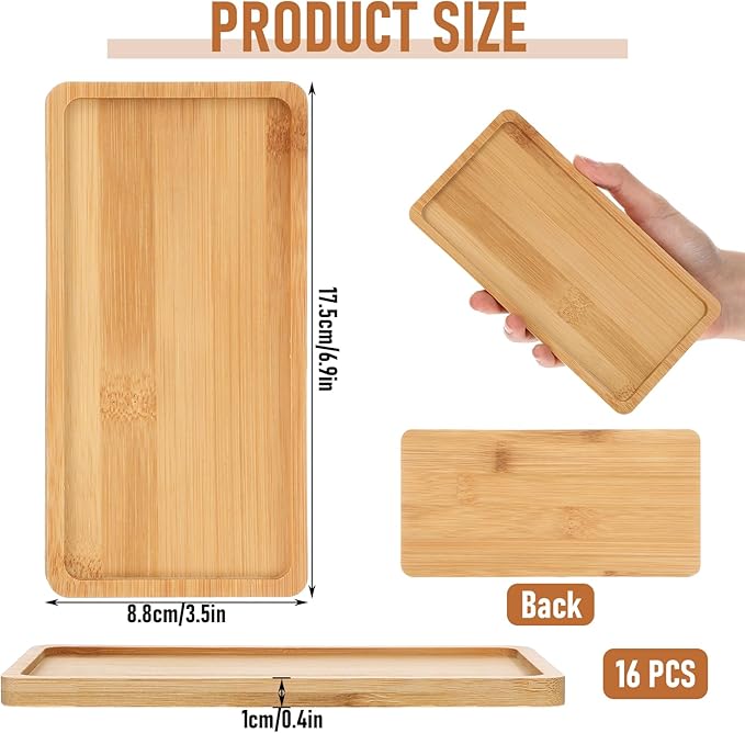 16 PCS Small Bamboo Tray, Bamboo Vanity Tray for Bathroom, Kitchen, Serving - Natural Rectangular Serving Trays for Perfume, Plants, Food - 6.9 x 3.5 x 0.4 Inches