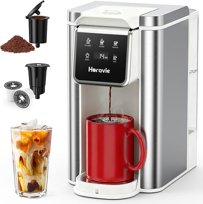 Single Serve Coffee Maker for K-Cup Pod & Grounds, Hot and Iced Coffee Maker, Strong Button Feature, 6 to 14oz Brew Sizes, 50oz Removable Reservoir, Fit 6.5" Mugs, Stainless Steel, White
