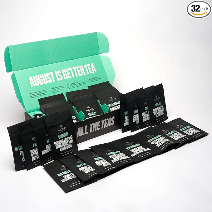 August Uncommon Sampler – Variety Tea Set Sampler Box of 30 Loose Leaf Tea Assortment Blends with Crystal Scoop – Green, Black & Herbal Teas in Resealable Pouches (0.5oz Each, Total 15oz)