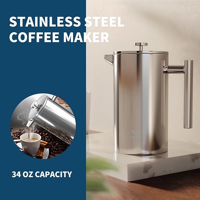 MERMOO YILAN French Press 34oz Insulated Stainless Steel Coffee Maker Unbreakable Coffee Press Easy to Clean for Home, Camping, Travel (Silver)