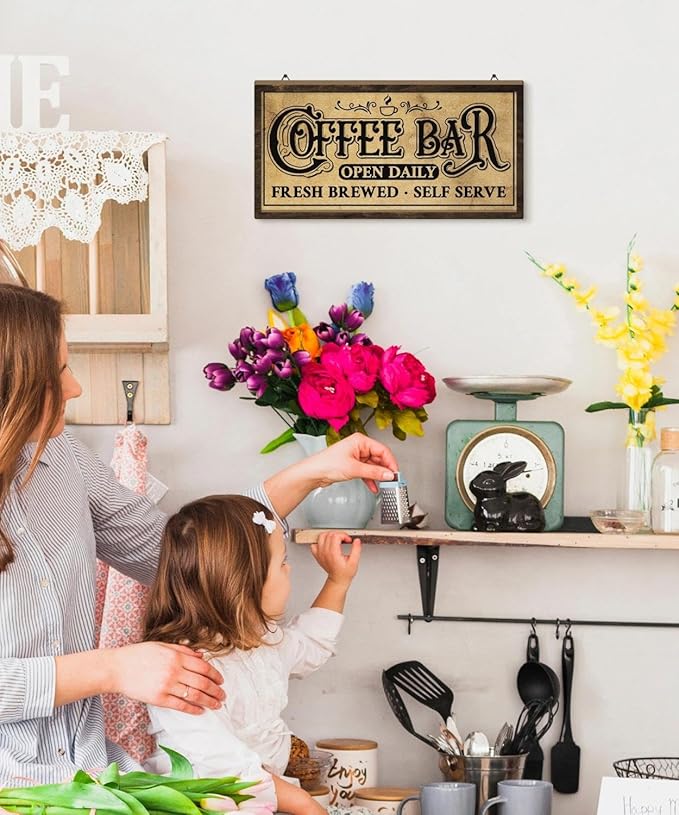 Putuo Decor Vintage Coffee Bar Sign, Farmhouse Coffee Accessories for Cafe Station Wall Decor, Small Cafe Sign for Home Kitchen Countertop Decoration