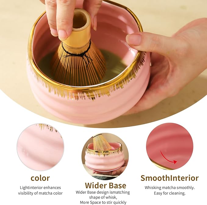 7-Piece Matcha Set: Matcha Bowl + Bamboo Whisk Kit, Ceremonial Matcha Whisk Tools with Golden Texture Details, Japanese Tea Ceremony Starter Kit, Unique Matcha Gift (pink)