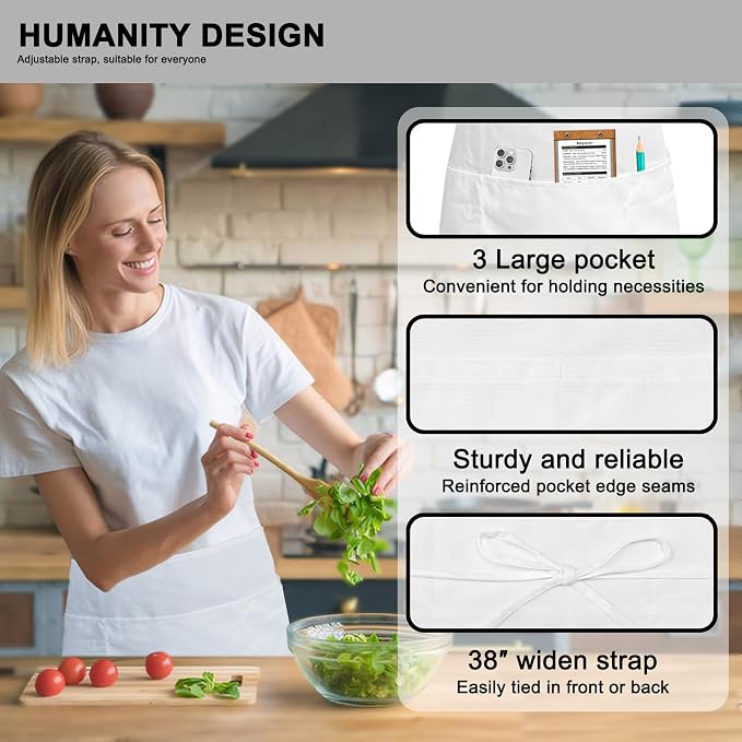 PLOYMONO 12P White Server Apron with 3 Pockets, Short Waist Waitress Apron | Polyester Short Waiter Apron with 3 Deep Pockets, Great for Restaurant Servers, Bartenders, Hosts, Baristas - Image 2