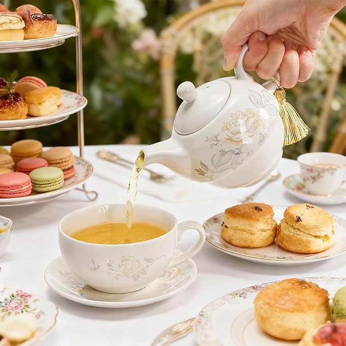 Tea for One Set, Porcelain Floral Teapot Cup Saucer Set with Tassel Decorative, Vintage Bone China Teapot Rose Pattern Gift for Women Home Office, Dishwasher, Microwave Safe