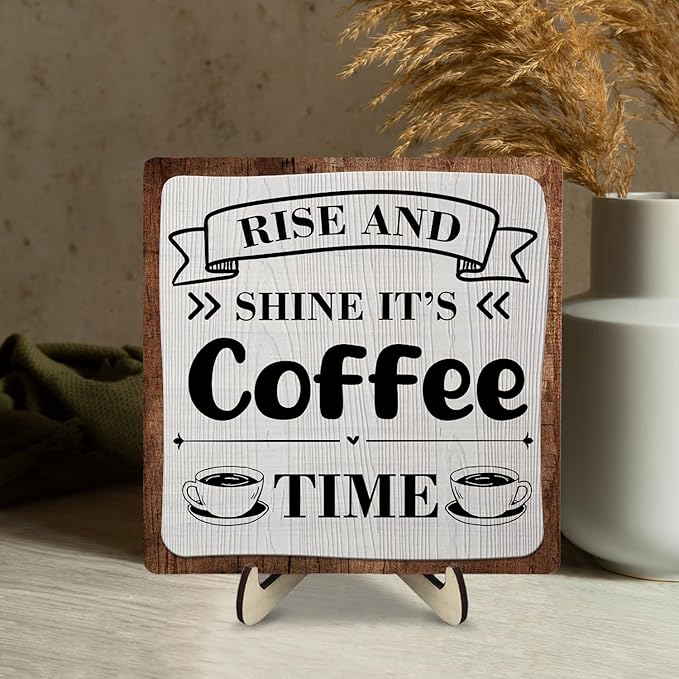 Coffee Bar Sign Plaque, Coffee Signs for Coffee Station, Vintage Coffee Sign Decor for Kitchen, Coffee Bar Accessories, Coffee Themed Gifts, Farmhouse Cafe Sign,Coffee & Tea Bar Decor Signs (Gray&Brown, 5.9x5.9inches)