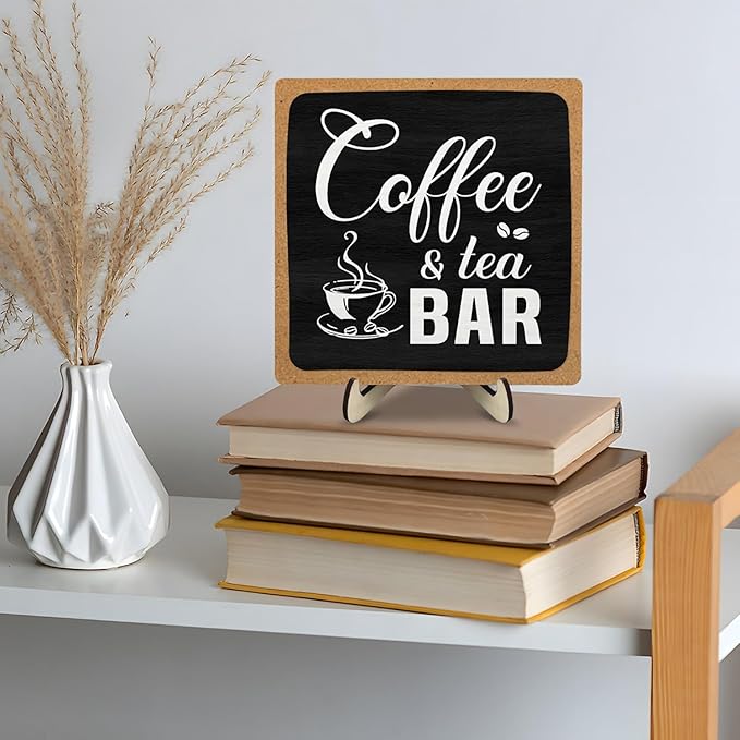 Coffee Bar Sign Plaque Decor,Cafe Station Accessorie for Office,Rustic Wooden Tabletop Plaque with Stand, Minimalist Farmhouse Kitchen Counter Sign ,Cute Mini Café Bar Decor Gift ,Coffee & Tea Bar Decor Signs 5.9x5.9Inch (Black&Grown)