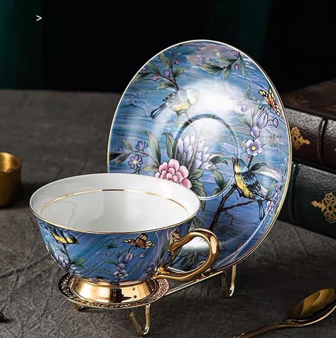 YBK Tech Euro Style Cup& Saucer Set Art Bone China Ceramic Tea Coffee Cup for Breakfast Home Kitchen- Birds and Trees Patterns (Blue Purple)