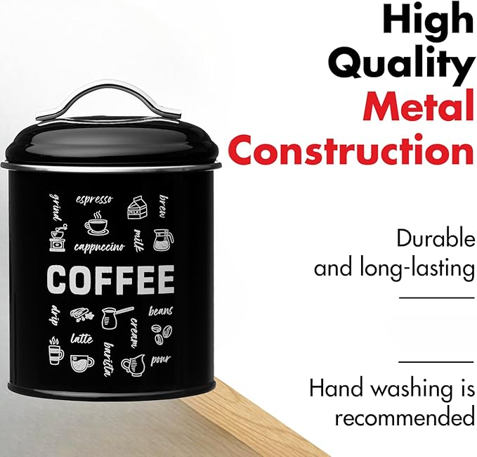 Amici Home Coffee Fix Metal Coffee Canister | Black Metal Storage Container with Handles | 36 Ounce Capacity | Coffee Canister with Lid for Kitchen Countertop