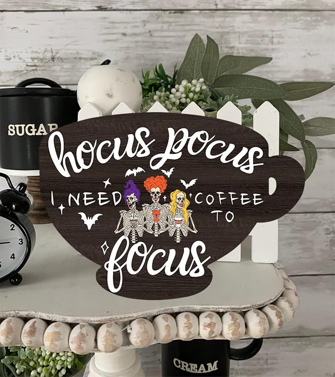 Hocus Pocus I Need Coffee to Focus Wood Sign Hanging Sign for Home Halloween Coffee Bar Coffee Station Cafe Office Coffee Station Decor Signs 4.8x6.78 Inch - Image 3
