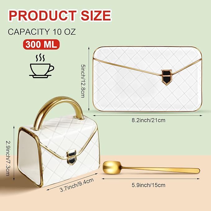 Zubebe 1 Set Coffee Mug Elegant Handbag Shaped Cup Mother's Day Modern Ceramic Purse Mug with Spoon and Saucer, 10oz Cute Creative Tea Cup for Woman Girls Gift (White)