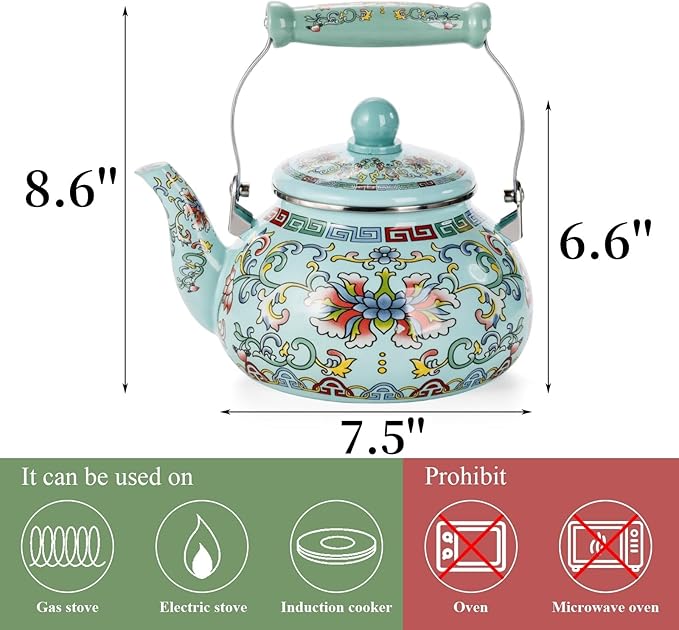 2.6 Quart Floral Enamel Tea Kettle, Vintage Enameled Teapot Stovetop, Enamel on Steel Water Coffee Tea Pot with Ceramic Handle, Colorful Hot Water Kettle for Home Kitchen Decor, No Whistling