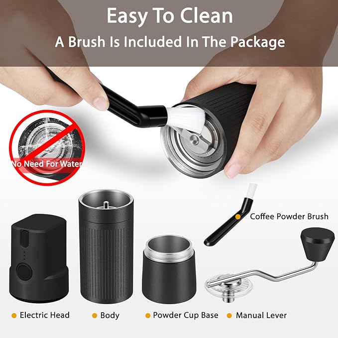 Burr Coffee Grinder Electric and Manual 2 in 1, Manual burr coffee grinder with 40mm Burr, Compact Portable Coffee Grinder for Espresso Coffee, French Press, Home, Travel, Camping (Black)