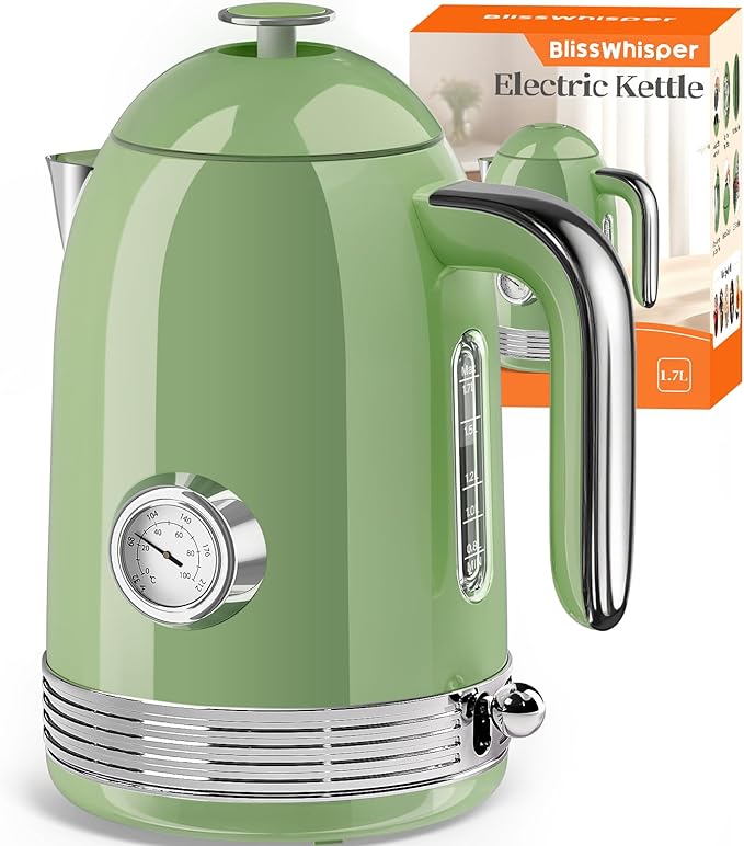 1.7L Electric Tea Kettle with Thermometer, 1500W Retro Stainless Steel Hot Water Kettle,Fast Boil Cordless Electric Kettle,Auto Shut-Off & Boil-Dry Protection