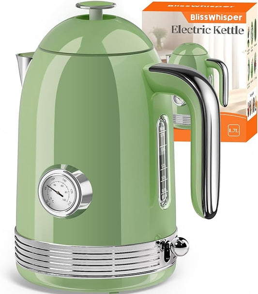 1.7L Electric Tea Kettle with Thermometer, 1500W Retro Stainless Steel Hot Water Kettle,Fast Boil Cordless Electric Kettle,Auto Shut-Off & Boil-Dry Protection