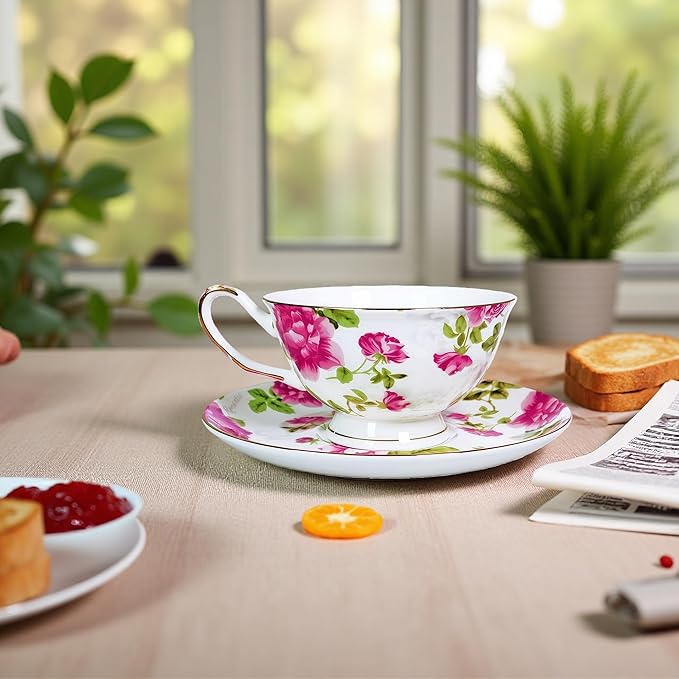 Tea cup and Saucer Set Royal Garden Style Tea Coffee Cup with Saucer 7 Ounces Bone China Teacup and saucer Set (Floral-3)