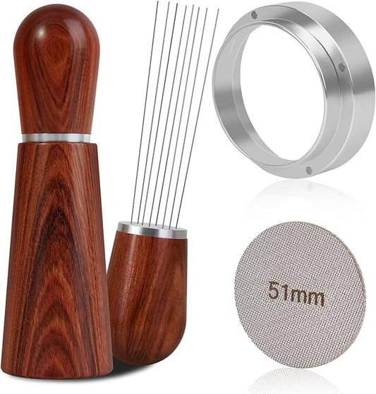 Reoszeank 51mm Espresso Accessories Kit, WDT Tool, Dosing Funnel and Puck Screen Set, 316 Stainless Steel Needle Coffee Distribution Stirrer Fits Delonghi 51 mm Espresso Machines and Portafilter by Reoszeank
