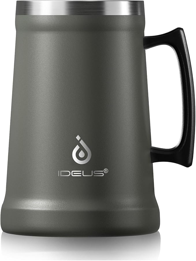 Ideus Insulated Beer Stein, 24/32oz Stainless Steel Double Walled Beer Mug Giant Bar Drinkware Metal Beer Cup with Big Grip Handle (Grey, 34 ounces (1,000ml))