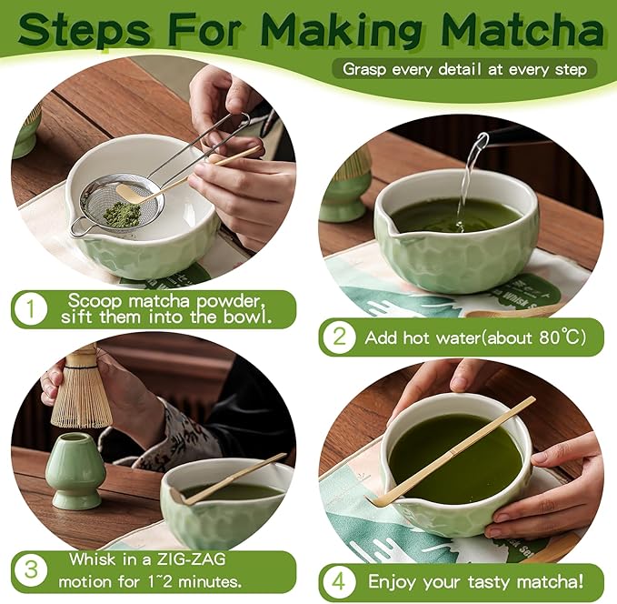 Clay&Fire Matcha Whisk Set, 9 pcs Ceramic Matcha Set, Gifts for Women,Matcha Bowl with Spout and Whisk, Matcha Kit for Matcha Lovers, Ideal Gift Christmas, Birthday, Anniversary(Pink) (Jade Green)