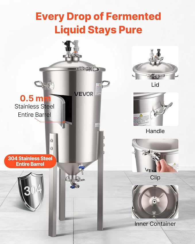 VEVOR Pressure Fermenter 15 PSI, 8 Gal/30L All-in-One Stainless Steel Conical Secondary Fermentation Bucket, for Wine, Beer Brewing Equipment