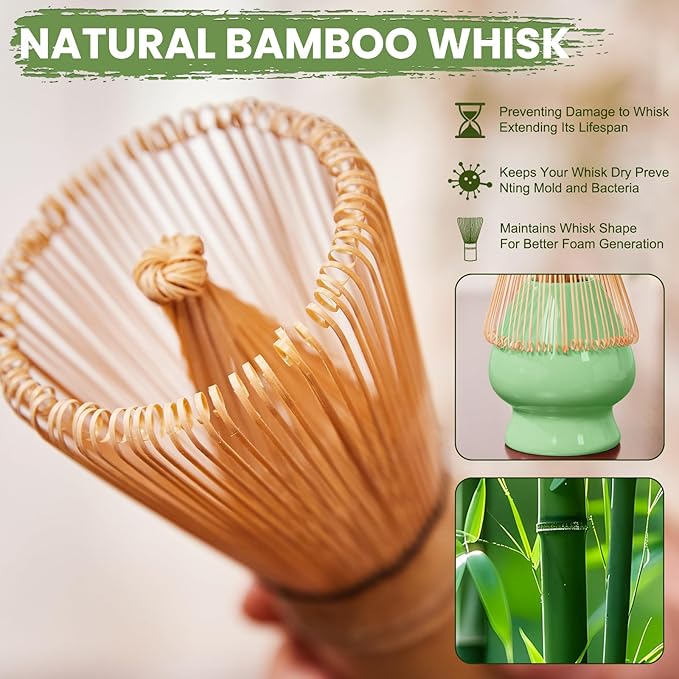 Matcha Whisk Set, Lotus Cyan Ceramic Matcha Set Includes Matcha Bowl, Matcha Whisk (Chasen) and Holder, Sifter, Bamboo Scoop & Spoon - 6 Pcs Matcha Kit for Matcha Lovers