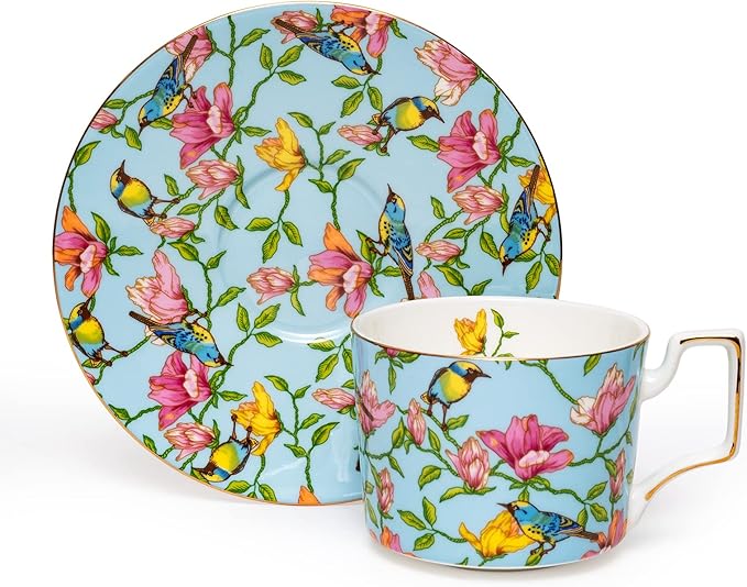 Vintage 8 Ounces Teacup and Saucers Set Floral Tea Cups Set Bone China TeaCups Coffee Tea Cup for Tea Party Women Mom (Blue)