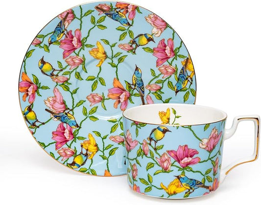 Vintage 8 Ounces Teacup and Saucers Set Floral Tea Cups Set Bone China TeaCups Coffee Tea Cup for Tea Party Women Mom (Blue)