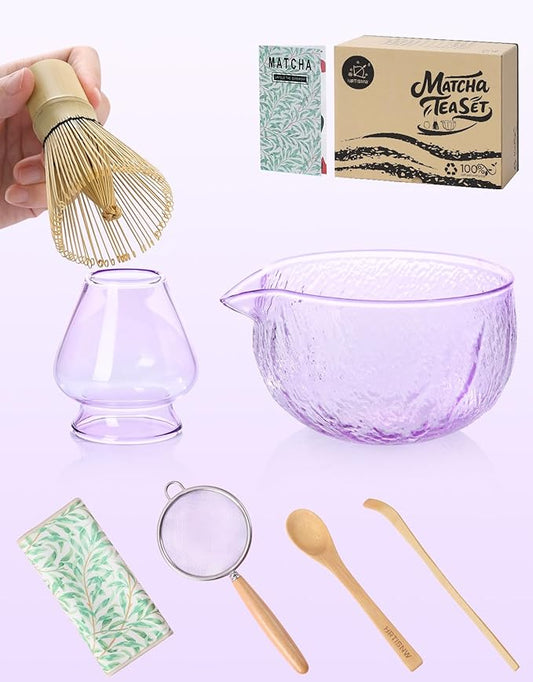 Matcha Whisk Set- 7 Pcs, Matcha Kit Includes Matcha Bowl, Matcha Whisk and Holder, Bamboo Scoop, Spoon, Sifter and Tea Towel, Matcha Set, Gift for Matcha Lovers Beginner (Light Blue)