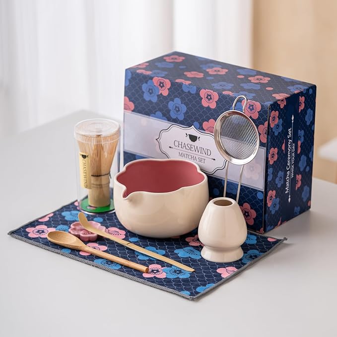 Matcha Set, 8Pcs Floral Ceramic Matcha Kit with Matcha Whisk, Holder, Scoop, Scoop Rest, Sifter, Spoon and Tea Towel - Thoughtful Matcha Whisk Set Gift for Matcha Lovers (Beige & Pink)
