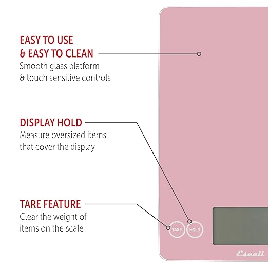 Escali Arti Glass Food Scale Digital Countertop Kitchen, Baking and Cooking Scale with Large Display, 15-Pound Capacity, 9" x 6.5" x .75", Classic Pink